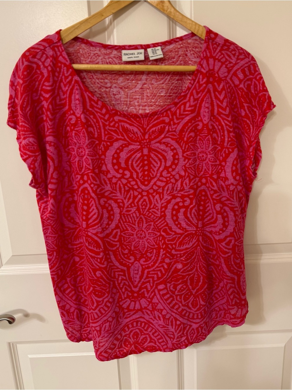 Rachel Zoe Linen T-Shirt Women’s Red Pink Floral Cap Sleeve Top XL Lightweight